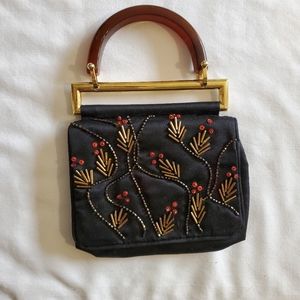 Badgley Mischka Black Satin Evening Bag, Acrylic Handle